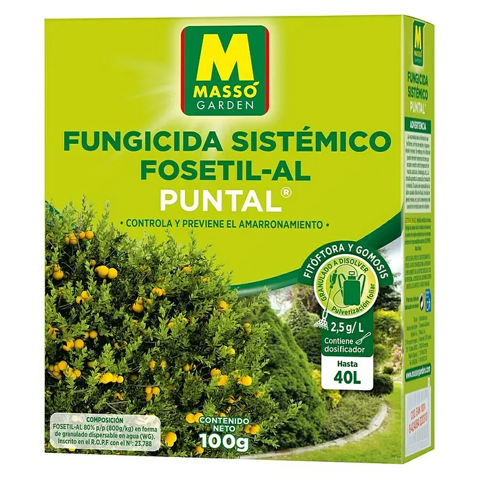 Massó Fungicida de azufre mojable Sistémico Puntal - 100 g - Paquete de fungicida MASSO Garden PUNTAL contra podredumbre y gomosis, con un contenido de 100g para hasta 40L de solución.