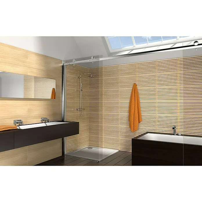 Wandfliese Spa Beige Dekor - 30 x 90 cm, Beige, Matt - Ein modernes Badezimmer mit einer begehbaren Dusche, einem Waschtisch und einer Badewanne, die alle durch ein helles Holzdesign verbunden sind.