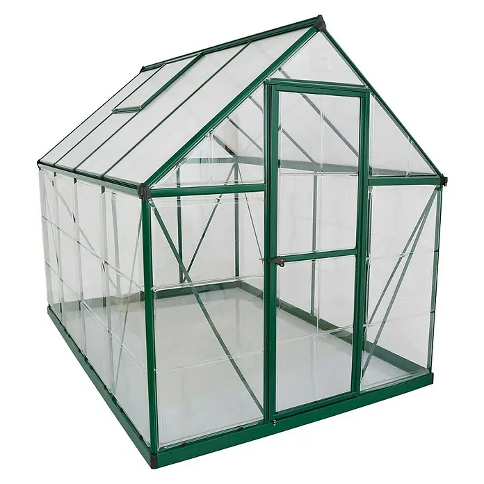 Palram – Canopia Invernadero Hybrid - Medidas ext. (An x Pr): 185 x 247 cm, 0,75 mm, Verde - Un invernadero verde con paneles claros y una puerta. Ideal para jardineros aficionados y para el cultivo de plantas.