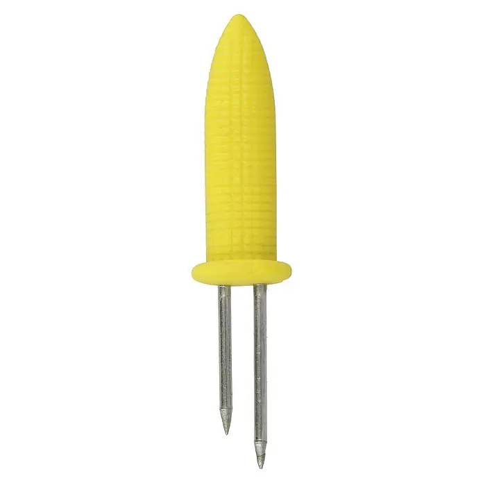 Grillstar Maiskolbenhalter6 Stk. - Maiskolben-Halter: Gelber Maiskolben mit zwei silberfarbenen Haltern für sicheren Halt und einfaches Essen, ideal für Grillabende.