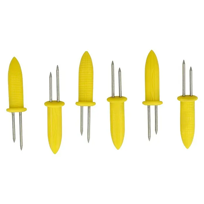 Grillstar Maiskolbenhalter6 Stk. - Abbildung von sechs Maiskolbenhaltern mit gelben Griffen und Metallspießen zum Festhalten von Maiskolben.