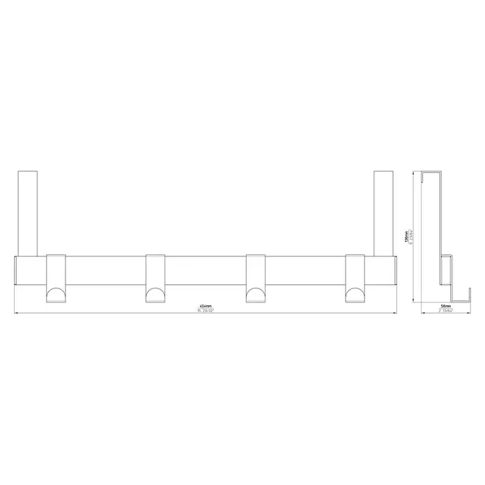 Siro Türgarderobe - L x B x H: 404 x 56 x 136 mm, Anzahl Haken: 4 Stk. - Technische Zeichnung einer Garderobe mit den Maßen 404 mm Breite, 196 mm Höhe und 56 mm Tiefe.