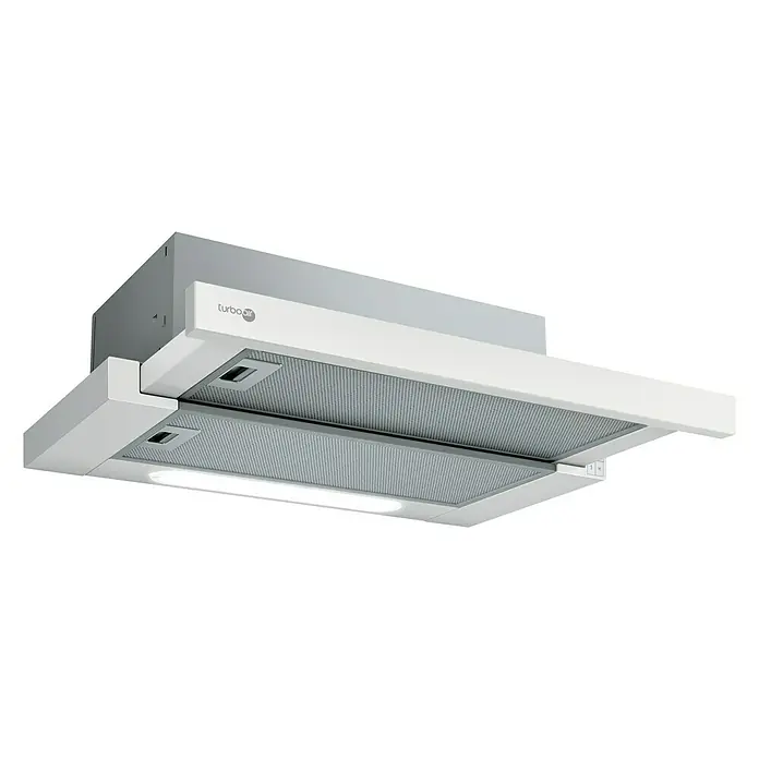 Turboair Campana extensible TT14 - Ancho: 60 cm, 304 m³/h, Blanco - Campana extractora blanca y gris. Tiene una forma rectangular y un diseño elegante, perfecta para cocinas modernas.