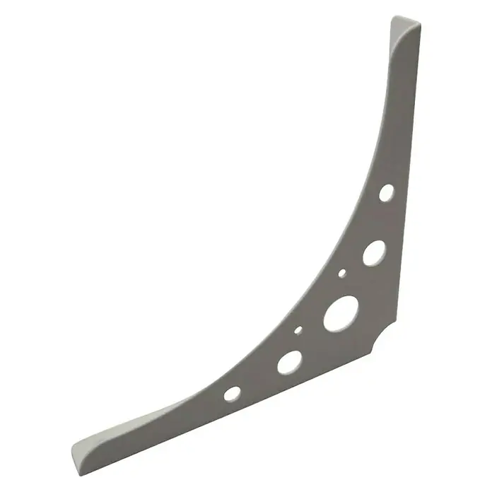 Stabilit Delta Line Ménsula - 200 x 24 x 200 mm, Carga soportada: 95 kg, Acero, Inoxidable mate - Este elegante soporte de estante gris claro presenta recortes decorativos, fusionando diseño moderno y soporte funcional.