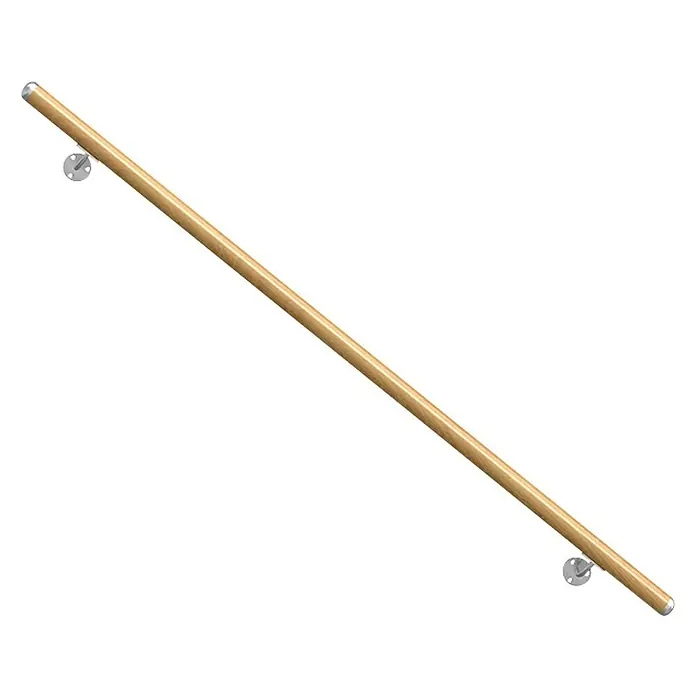 Dolle Handlauf-Set PS 051 - Buche, Lackiert, Länge: 150 cm - Eine elegante Holzhandlauf-Stange, die mit silbernen Halterungen an einer Wand befestigt ist. Perfekt für Treppen oder Flure.