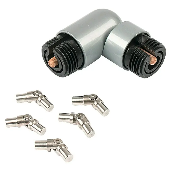 Dolle Eckverbinder-Set PS 060 - Silber, Rund - Das Bild zeigt ein Eckverbindungsstück aus grauem Kunststoff und diverse verstellbare Gelenke aus Metall.