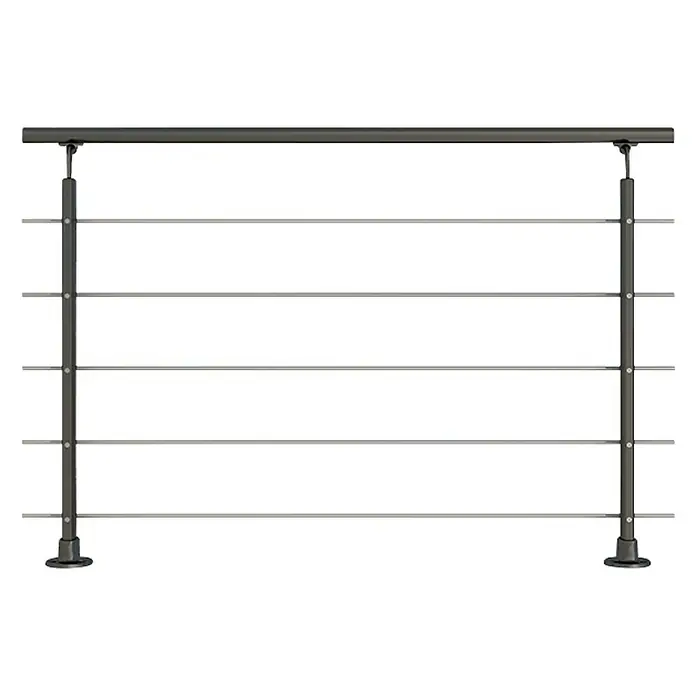 Dolle Geländer-Set PS 150 - Oberbodenmontage, Aluminium, Anthrazitgrau, Rund, Länge: 150 cm - Ein modernes Geländer mit horizontalen Edelstahlstäben und dunklen Pfosten, ideal für Treppen oder Balkone. Elegantes Design für Innen- und Außenbereiche.