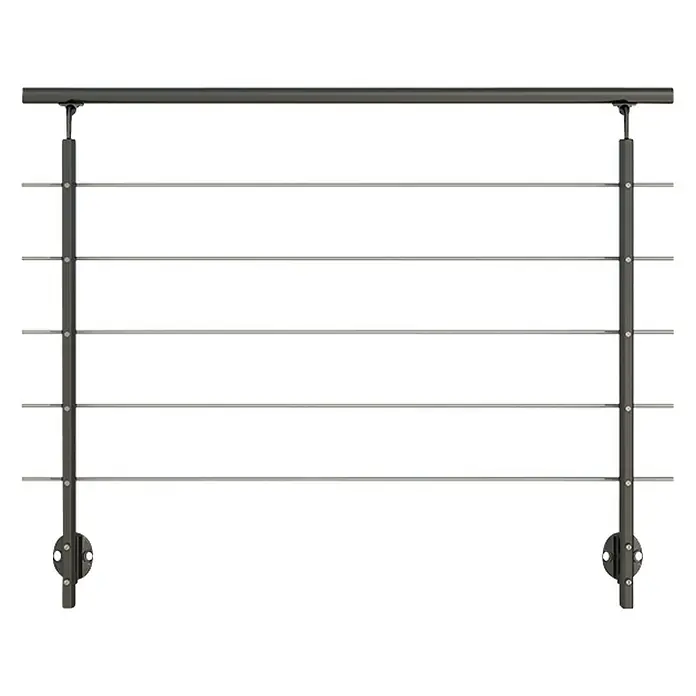 Dolle Geländer-Set PS 151 - Seitenmontage, Aluminium, Anthrazitgrau, Rund, Länge: 150 cm - Detailansicht einer modernen Geländerkonstruktion mit horizontalen Edelstahlseilen und grauen Pfosten.