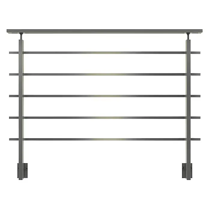 Dolle Geländer-Set PS 301 - Seitenmontage, Aluminium, Dark Grey, Eckig, Länge: 150 cm - Detailaufnahme eines modernen Geländers aus Metall mit horizontalen Stäben und schlichtem Design auf schwarzem Hintergrund.