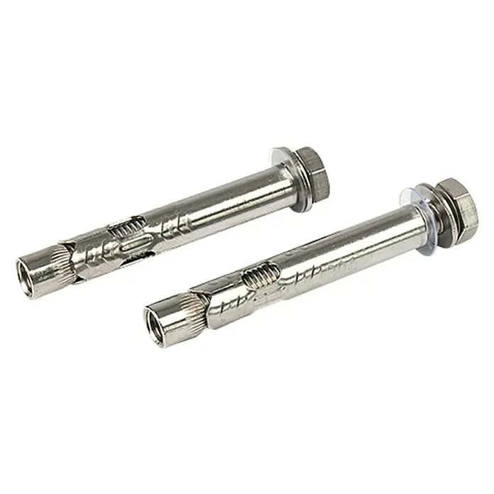Dolle Schwerlastanker PS 901 - Edelstahl V2A, 2 Stk. - Zwei Metall-Spreizdübel mit Schrauben und Unterlegscheiben vor schwarzem Hintergrund.