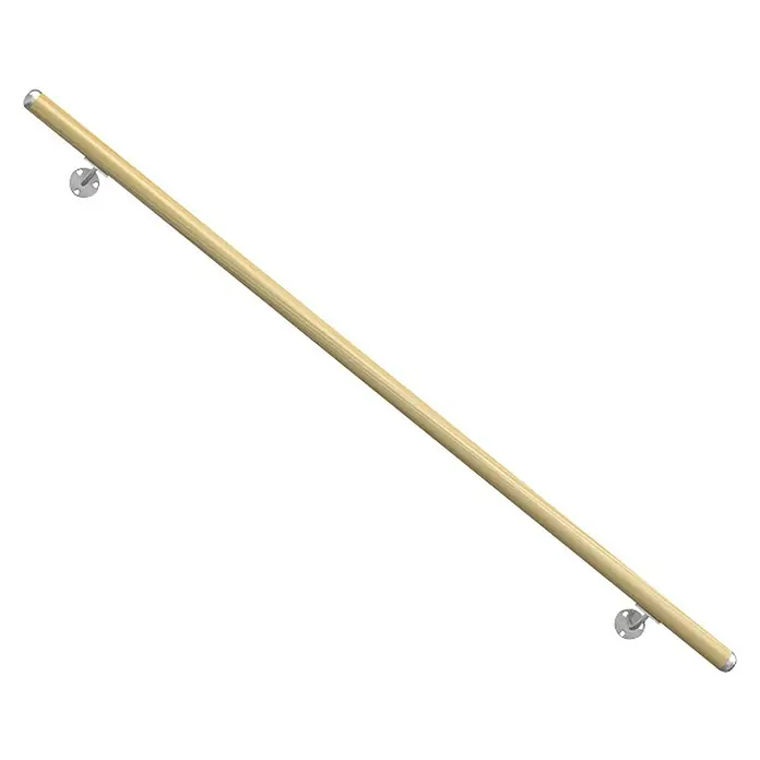 Dolle Handlauf-Set PS 053 - Fichte, Unbehandelt, Länge: 150 cm - Abgebildet ist ein hölzerner Handlauf mit silbernen Halterungen, der die Sicherheit und Stabilität beim Treppensteigen gewährleistet.