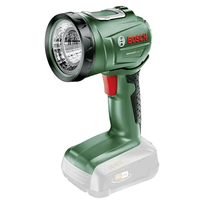 Bosch Power for All 18V Akku-Handlampe UniversalLamp 18 - 18 V, Li-Ionen, Ohne Akku, Lichtstrom: 100 lm - Bild einer grünen Bosch UniversalLamp 18 Akku-Lampe, die sich durch ihre hohe Leuchtkraft und kompakte Bauweise auszeichnet.