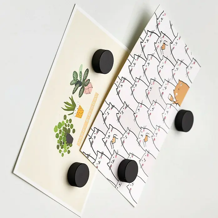 Zeller Present Magnet-Set Extrastark - Schwarz, Gesamtstückzahl: 4 - Nahaufnahme von zwei Karten mit Magneten, wobei die eine Pflanzen und die andere viele Katzen zeigt.
