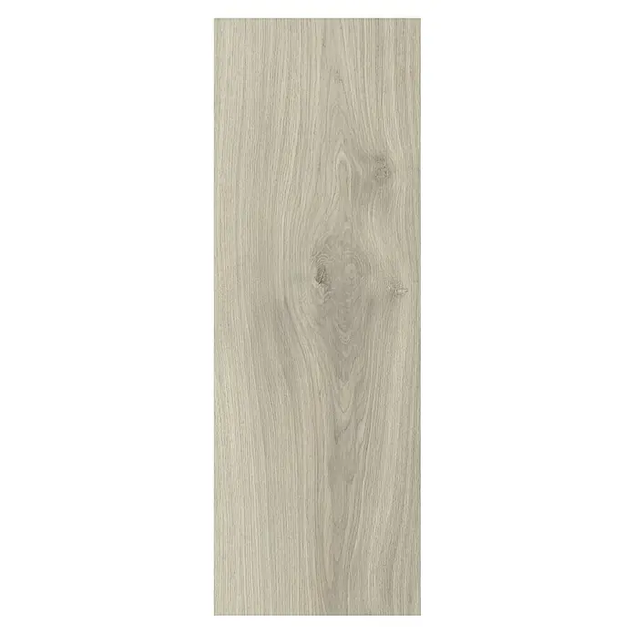 Living by Haro Laminat Gigante - Eiche Laval Grau, Landhausdiele, 2.200 x 243 x 8 mm - Detailaufnahme einer hellen Holzfliese mit natürlicher Maserung und Astloch, ideal für moderne Wohnräume.\n