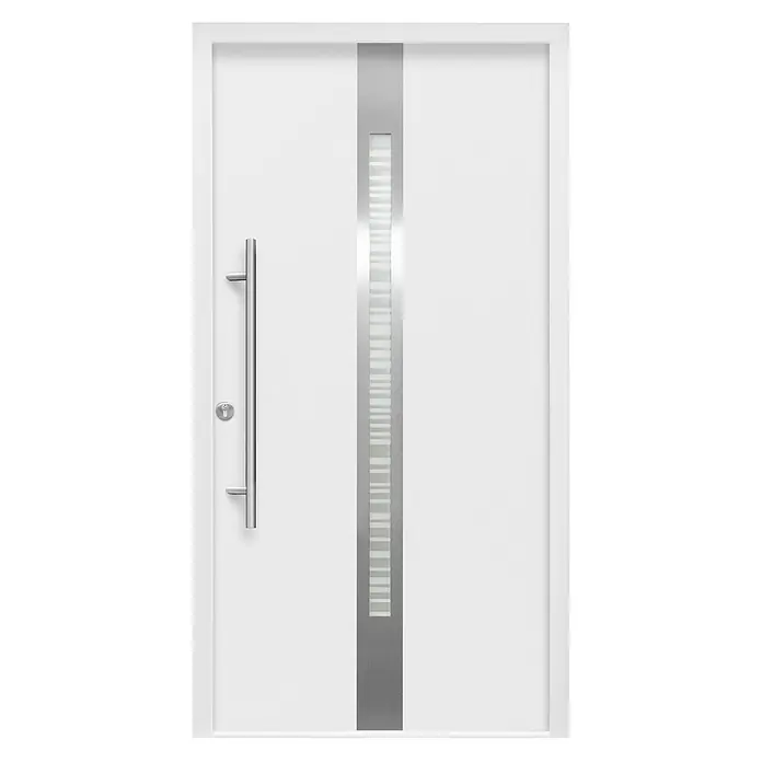 Splendoor Haustür Thermodoor PLUS SP20 - 100 x 210 cm, DIN Anschlag: Links, Verkehrsweiß - Weiße Haustür mit vertikalem silbernem Akzent und Griff. Elegantes Design für einen modernen Eingangsbereich.