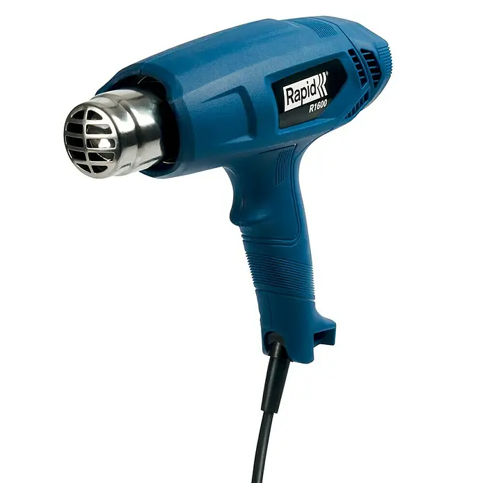 Rapid Heißluftgebläse R1600 - 1.600 W, Temperaturbereich: 400 °C - 550 °C - Das Bild zeigt eine blaue Rapid R1600 Heißluftpistole, die für präzise Wärme-Anwendungen konzipiert ist. Das Gerät ist ideal für Heimwerker und Profis.