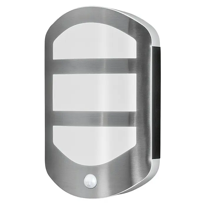 Ledvance LED-Außenwandleuchte Endura - 12,5 W, 180 x 60 x 283 mm, Edelstahl, IP44, Mit Bewegungssensor - Edelstahl-Wandleuchte mit Bewegungsmelder. Die Leuchte verfügt über drei horizontale Lichtschlitze und ein modernes Design.