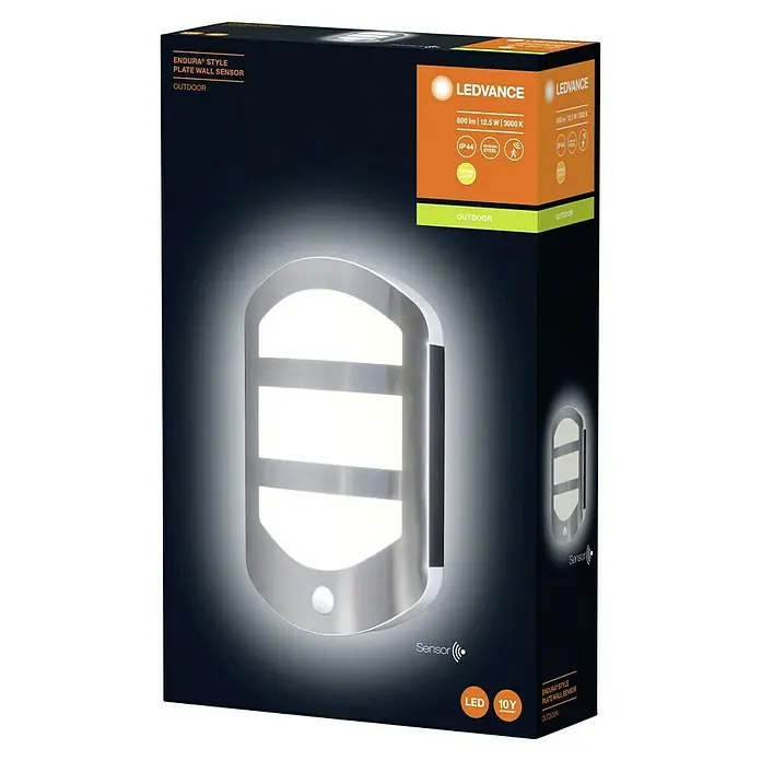 Ledvance LED-Außenwandleuchte Endura - 12,5 W, 180 x 60 x 283 mm, Edelstahl, IP44, Mit Bewegungssensor - Das Bild zeigt die Verpackung einer LEDVANCE Endura Style Plate Wandleuchte mit Sensor für den Außenbereich, die modernes Design mit Funktionalität verbindet.