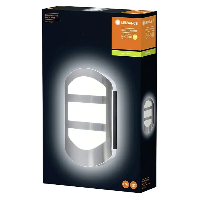 Ledvance LED-Außenwandleuchte Endura - 12 W, 180 x 54 x 280 mm, Edelstahl, IP44, Ohne Bewegungssensor - Die Verpackung einer LEDVANCE Endura Style Plate Wandleuchte für den Außenbereich mit 600 Lumen und 3000 Kelvin.