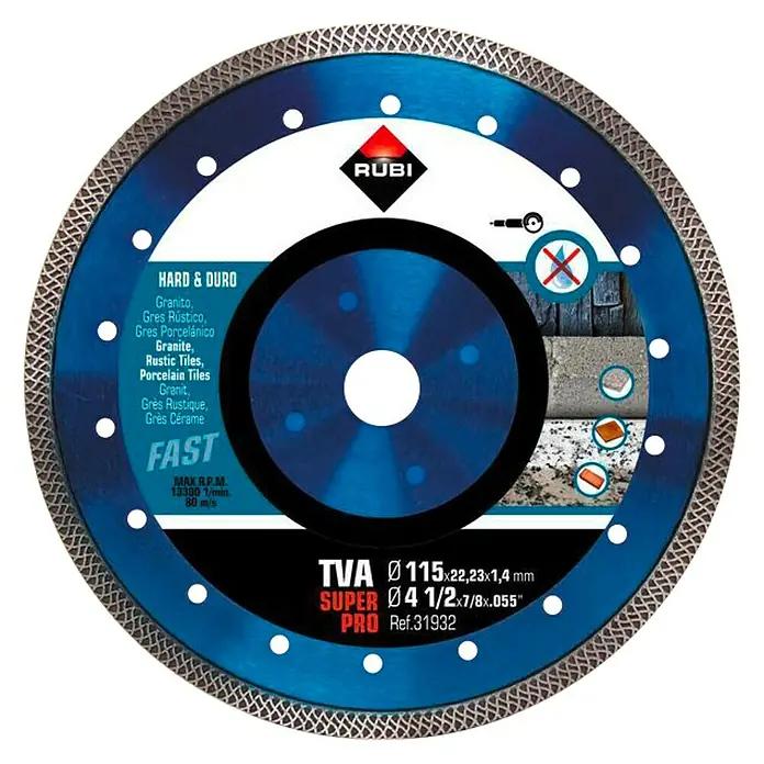 Rubi Disco de corte VIPER TVA - Orificio: 22,22 mm - Disco de diamante Rubi TVA Super Pro para materiales duros, ideal para el corte rápido de granito y azulejos.