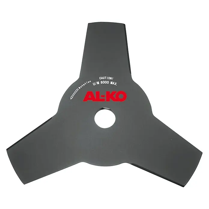 AL-KO Premium Benzin-Motorsense BC 500 B - 1.900 W, Schnittbreite Faden: 41 cm, Schnittbreite Messer: 25,5 cm - AL-KO Messer für Rasentrimmer. Das Messer hat eine dreieckige Form und ist grau. Auf dem Messer steht "Caution! U/M 8000 Max AL-KO".