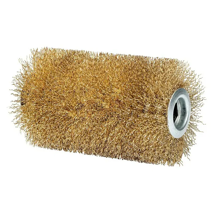 Gloria Bürstenwalze Steinbürste PRO - Geeignet für: Beseitigung von Schmutz, Passend für: Gloria Bodenreinigungsbürsten MultiBrush speedcontrol/li-on, PowerBrush speedcontrol - Nahaufnahme einer Drahtbürstenwalze mit Messingborsten und Metallring, ideal zum Reinigen und Entrosten.