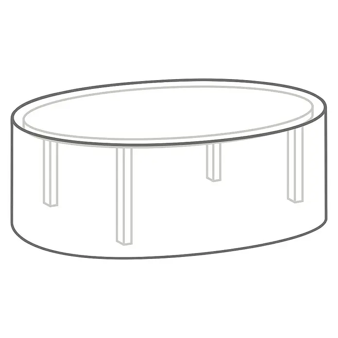 Sunfun Classic Gartentisch-Schutzhülle - L x B x H: 170 x 140 x 83 cm, PE-Bändchengarn, 90 g/m², Transparent - Darstellung eines ovalen Tisches mit vier Beinen, der durch seine schlichte Eleganz besticht. Ideal für moderne Wohnräume.