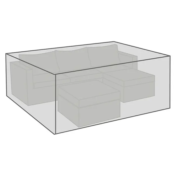 Sunfun Funda protectora para conjunto de muebles - L x An x Al: 200 x 200 x 85 cm, Plástico, Transparente - Una funda protectora rectangular para un conjunto de salón modular compuesto por sofás y otomanas, con líneas claras y angulares.