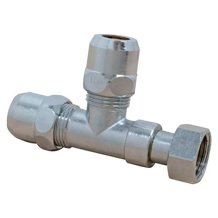 T-Quetschverschraubung - ⅜″, Verchromt - Silbernes T-Stück-Rohrverbindungsstück für Sanitäranwendungen, robust und zuverlässig. Ideal für Wasserleitungen und Heizungsinstallationen.