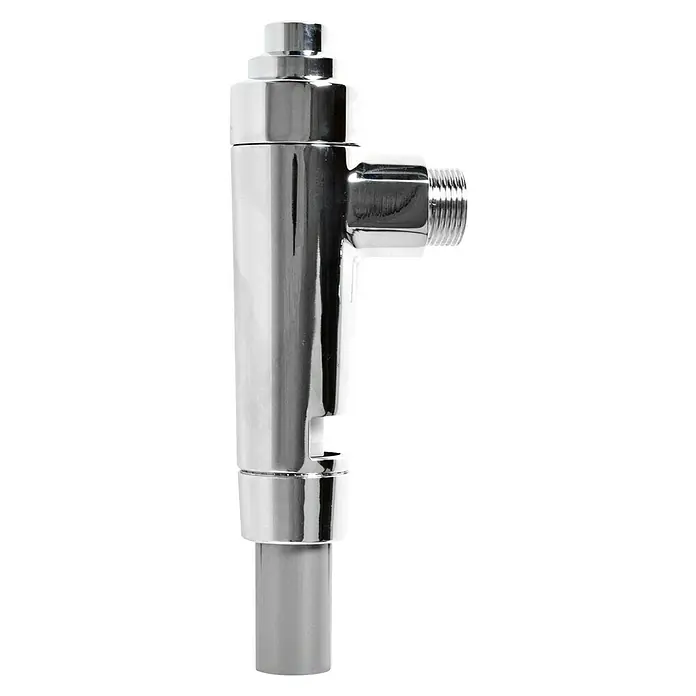 WC-Druckspüler - ¾″, Verchromt, Spartaste - Nahaufnahme eines glänzenden, verchromten Urinalspülers mit Gewindeanschluss, der durch sein modernes Design und die hochwertige Verarbeitung besticht.