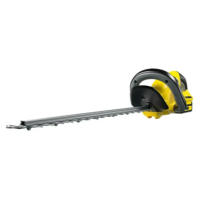 Kärcher Akku-Heckenschere HGE 18-50 Battery Set - 18 V, Li-Ionen, 1 Akku, Schnittlänge: 50 cm - Abbildung einer gelben Heckenschere mit schwarzen Akzenten und einer langen silbernen Klinge. Das Werkzeug ist für präzise Gartengestaltung konzipiert.