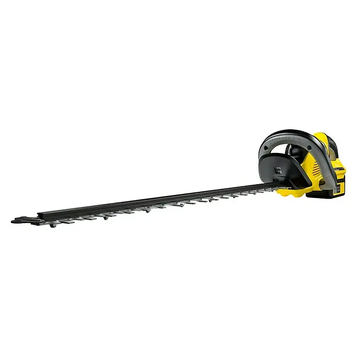Kärcher Akku-Heckenschere HGE 36-60 Battery Set - 36 V, Li-Ionen, 1 Akku, Schnittlänge: 60 cm - Akku-Heckenschere in Gelb und Schwarz vor schwarzem Hintergrund. Ideal für den präzisen Heckenschnitt im Garten.