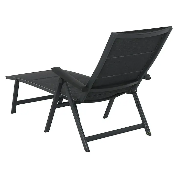 MWH Gartenliege Futosa - Schwarz, Metall - Eine graue Sonnenliege mit verstellbarer Rückenlehne steht vor einem schwarzen Hintergrund. Perfekt für entspannte Stunden im Garten oder auf der Terrasse.