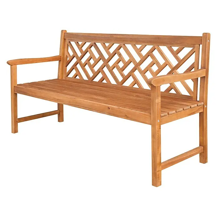 Sunfun Gartenbank - B x T x H: 158 x 61,5 x 91 cm, Akazie, Naturbraun - Holzbank mit Armlehnen und Rückenlehne mit geometrischem Muster. Eine schöne und bequeme Sitzgelegenheit für den Garten oder die Terrasse.