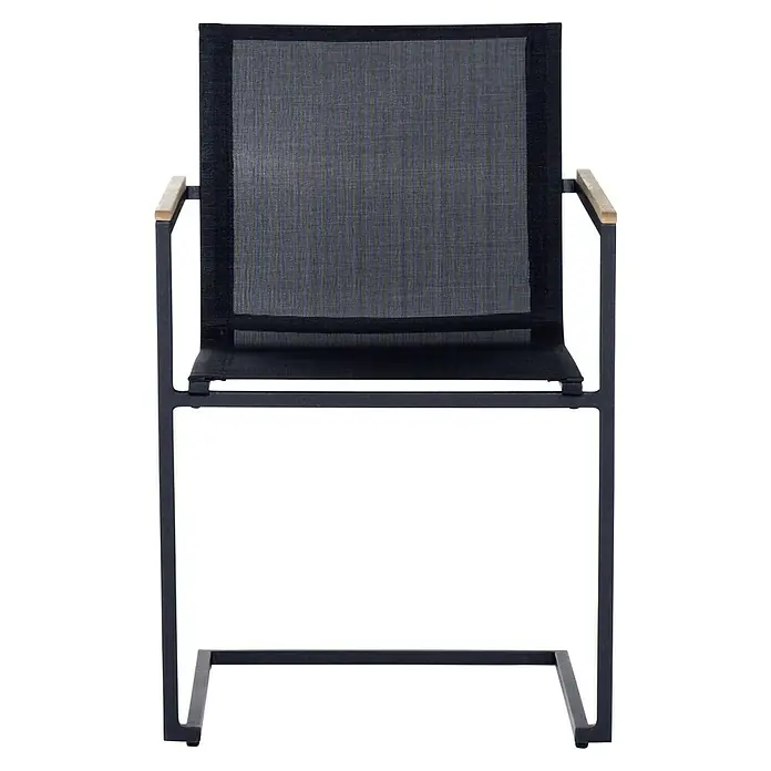 SENSUM Gartenstuhl Skuru - Edelstahl, Schwarz, B x T x H: 58 x 55 x 86 cm - Nahaufnahme eines modernen Stuhls mit Metallrahmen und Netzstoffbespannung, ideal für den Außenbereich.