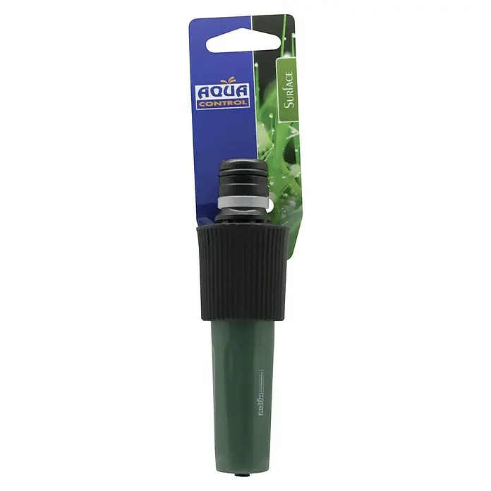 Altadex Lanza de riego regulable Maxi Flow - 1″, Plástico - Primer plano de un conector de manguera de jardín Aqua Control Surface con detalles negros y verdes, presentado en un embalaje azul.