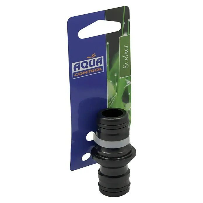 Altadex Conector de mangueras Maxi Flow - 25 mm, Apto para: Mangueras de jardín - Primer plano de un conector de manguera Aqua Control Surface negro con embalaje azul.