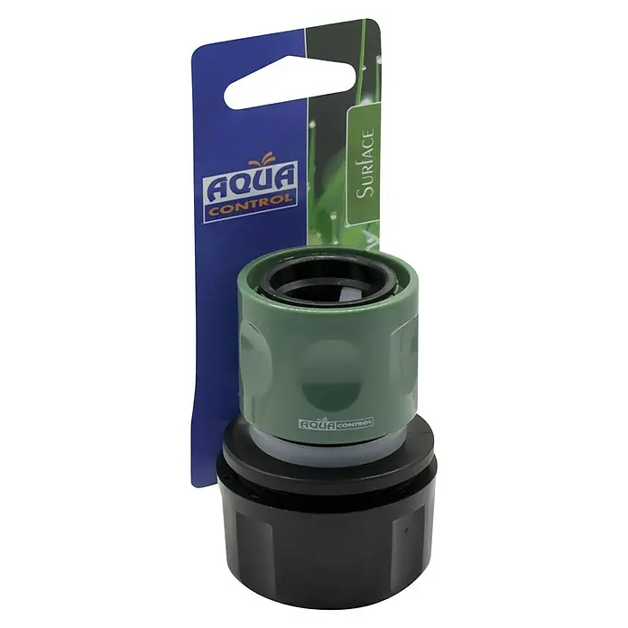 Altadex Manguito de unión rápida Maxi Flow - Tamaño: 1″ - La imagen muestra un acoplador de superficie Aqua Control, un accesorio de riego de jardinería, sobre el fondo de su embalaje.