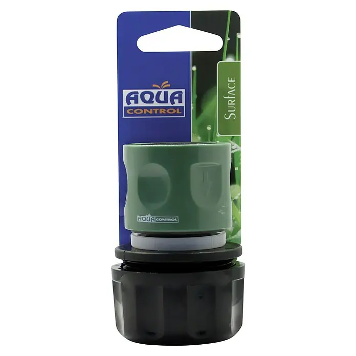 Altadex Manguito de unión rápida Maxi Flow - Tamaño: 1″ - Primer plano de un conector de manguera de jardín Aqua Control en un paquete de producto, ideal para riego.
