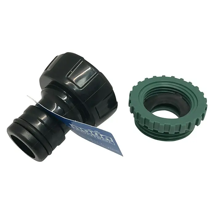 Altadex Adaptador para grifo Maxi Flow - Tamaño: ¾'' / 1'' - Juego de accesorios de jardín con un conector de grifo negro y un acoplamiento de manguera verde para uso exterior.