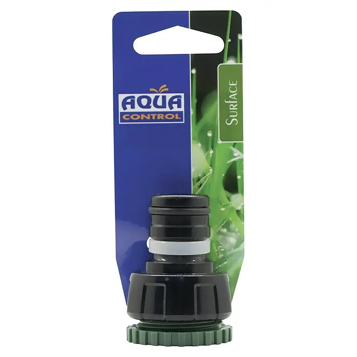 Altadex Adaptador para grifo Maxi Flow - Tamaño: ¾'' / 1'' - Primer plano de un conector de manguera Aqua Control Surface, con componentes de plástico negro y verde para mangueras de jardín.