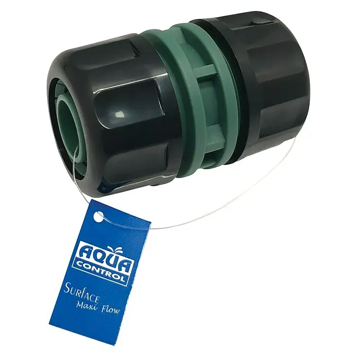 Altadex Reparador de manguera Maxi Flow - Diámetro: 25 mm, PVC - Primer plano de un conector de manguera Aqua Control Surface Maxi Flow con detalles verdes y una etiqueta azul.