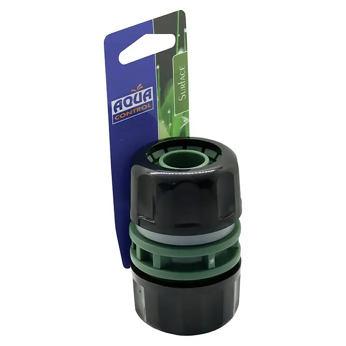Altadex Reparador de manguera Maxi Flow - Diámetro: 25 mm, PVC - La imagen muestra un skimmer de superficie negro Aqua Control con detalles verdes, empaquetado en una tarjeta azul.