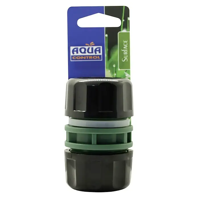 Altadex Reparador de manguera Maxi Flow - Diámetro: 25 mm, PVC - Accesorio para acuario Aqua Control Surface con embalaje azul. El producto es un conector de plástico negro, verde y gris para la limpieza de la superficie del agua.