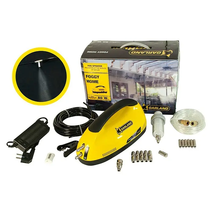 Garland Nebulizador Foggy Home - Potencia: 24 V, Apto para: Nebulización - Conjunto de nebulizador Foggy Home de Garland, que muestra la unidad, los accesorios y el embalaje para una fácil instalación.