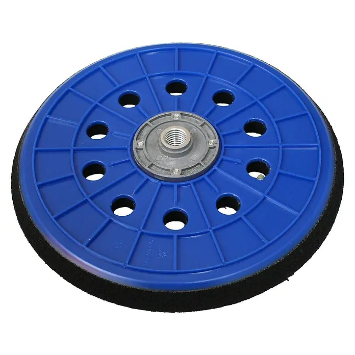 Scheppach Disco de lijado fino - Específico para: Lijadora Scheppach DS200 y DS920 - Primer plano de un disco de lijado azul con un borde negro y un agujero roscado en el centro.