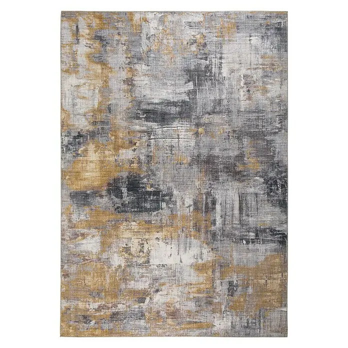 Alfombra de pelo corto Prima - Gris/Amarillo, 230 x 160 cm, 100 % poliéster - Alfombra moderna con patrón abstracto en tonos grises y dorados para un ambiente elegante.