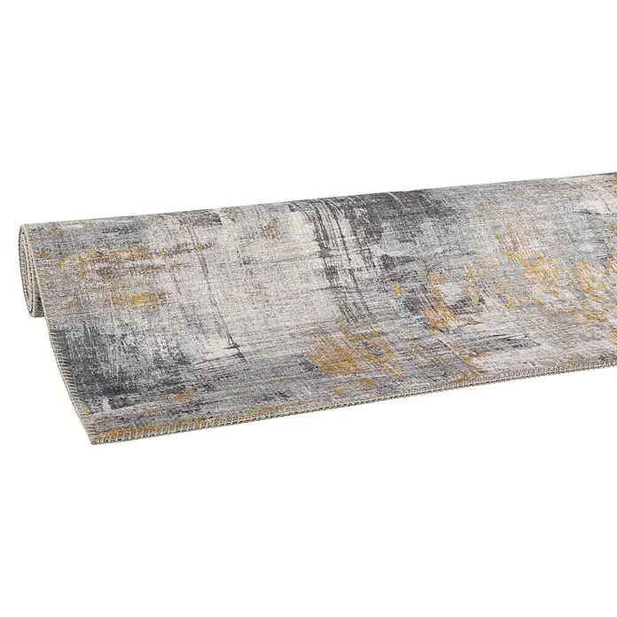 Kurzflorteppich Prima - Grau/Gelb, 230 x 160 cm, 100 % Polyester - Ein gerollter Teppich mit einem modernen Design in Grau- und Goldtönen, ideal für ein stilvolles Zuhause.