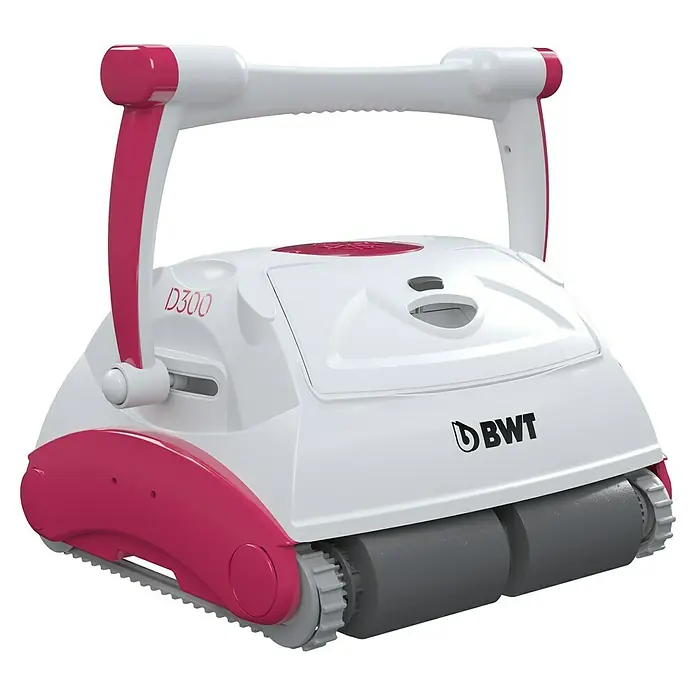 BWT Poolroboter D 300 - Netzbetrieben, Passend für: Pools bis 100 m² - Der BWT D300 Poolreinigungsroboter in Weiß und Pink mit Raupenantrieb bietet eine effiziente Poolreinigung.