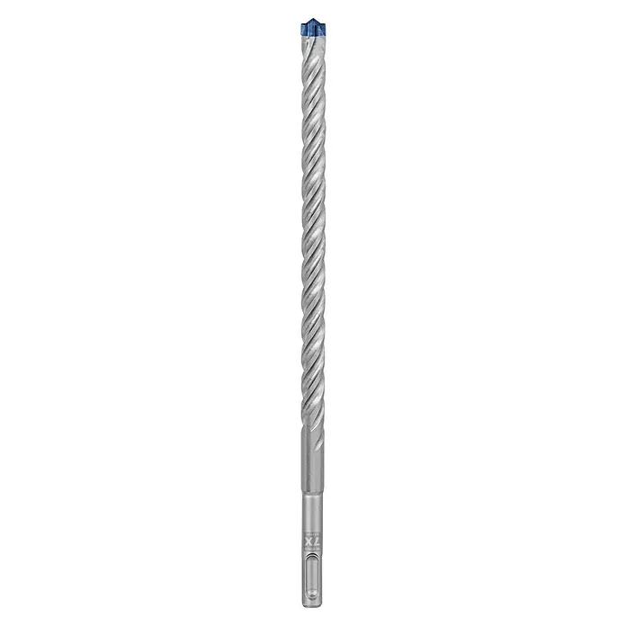 Bosch Expert Beton- & Steinbohrer SDS Plus-7X - 1 Stk., Durchmesser Bohrer: 12 mm, 200 mm - Das Bild zeigt einen XL 7X Hochleistungs-Gewindebohrer mit blauer Spitze und gewundenen Rillen, ein Werkzeug für präzise Metallbearbeitung.